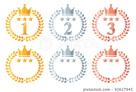 Gold, silver and bronze laurel frame and crown, three-star ranking icon set Gold, silver and bronze laurel frame and crown, three-star ranking icon set 92627945