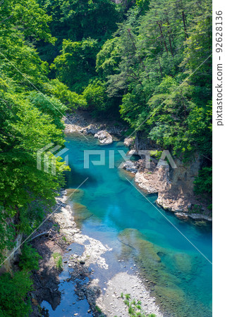Azuma Gorge The scenery upstream from the Fureai Ohashi Bridge The season of fresh greenery 92628136