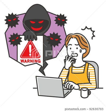 使用計算機成為欺詐和犯罪受害者的家庭主婦的插圖圖像 使用計算機成為欺詐和犯罪受害者的家庭主婦的插圖圖像 92630783