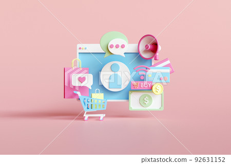 Shopping Online on Mobile phone Application Concept, Digital marketing promotion of digital stores, web and Advertising. 3D illustration.. 92631152