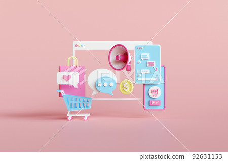 Shopping Online on Mobile phone Application Concept, Digital marketing promotion of digital stores, web and Advertising. 3D illustration.. 92631153