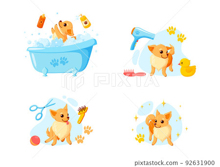 Dog grooming in a bath with pet shampoo, combs and rubber ducks. Playful chihuahua puppy in grooming service. Vector illustration 92631900