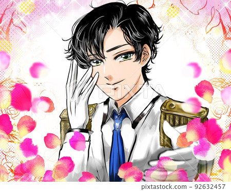 A cartoon-style color illustration and a rose garden background where a handsome idol wearing a black-haired prince-style black tie reaches out 92632457