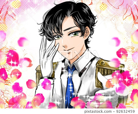 A cartoon-style color illustration and a rose garden background where a handsome idol wearing a black-haired prince-style black tie reaches out A cartoon-style color illustration and a rose garden background where a handsome idol wearing a black-haired prince-style black tie reaches out 92632459