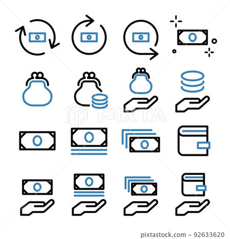 Money, banknotes, coins, payments, wallets, purses, household budgets, finance icon set Money, banknotes, coins, payments, wallets, purses, household budgets, finance icon set 92633620