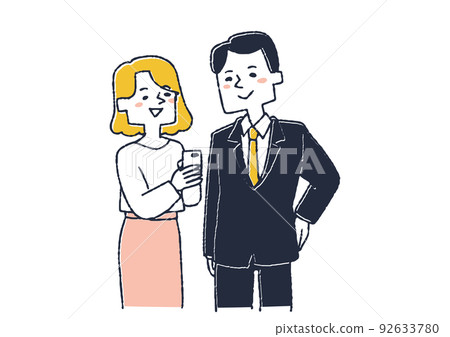 Office casual woman looking at smartphone and man in suit People using smartphones 92633780