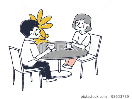 一對老夫婦坐在桌邊，在咖啡店或咖啡館喝茶風景 92633789