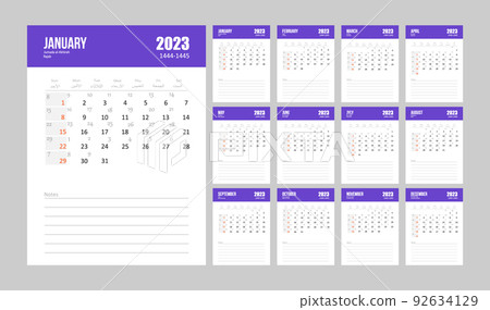 Hijri islamic and gregorian calendar 2023. From 1444 to 1445 vector celebration template. Week starting on sunday. Ready for print. Flat minimal desk or wall picture design Hijri islamic and gregorian calendar 2023. From 1444 to 1445 vector celebration template. Week starting on sunday. Ready for print. Flat minimal desk or wall picture design 92634129