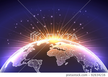 Planet Earth map view from space with sunrise concept banner in futuristic glowing style on purple  92634216