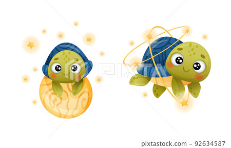 Cute Green Turtle Floating in Outer Space with... - Stock Illustration ...