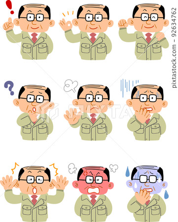 Workwear middle-aged man _ upper body _ set of nine facial expressions and poses 92634762