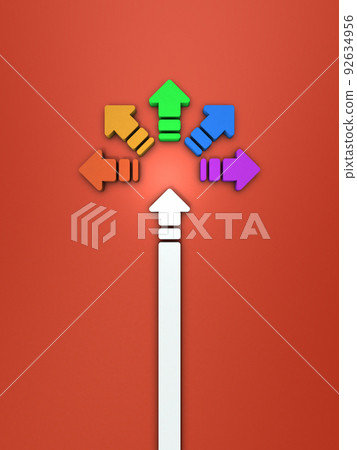 在增長過程中分支的彩色箭頭。一個抽象的概念，代表著充滿多樣性的自由選擇。 92634956