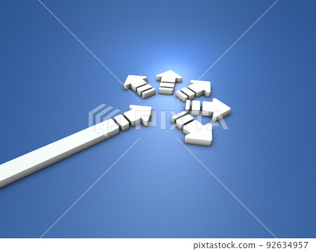 從球場中間指向多個方向的箭頭。代表充滿可能性的自由選擇的抽象概念 92634957