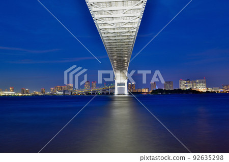 Rainbow Bridge seen from Shibaura Wharf Night view of Odaiba Seaside Park 92635298