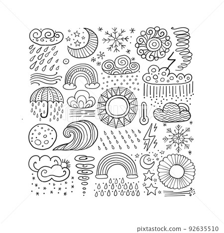 Weather collection, meteorology symbols. Art background for your design. Childish style. Colouring page Weather collection, meteorology symbols. Art background for your design. Childish style. Colouring page 92635510