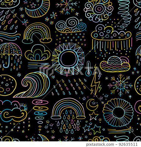 Weather seamless pattern. Meteorology symbols in childish style. Art background for your design. Vector illustration Weather seamless pattern. Meteorology symbols in childish style. Art background for your design. Vector illustration 92635511