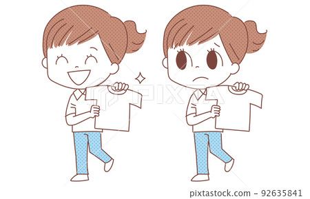 A woman holding a T-shirt, 2 facial expressions A woman holding a T-shirt, 2 facial expressions 92635841