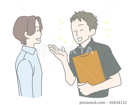 A young clerk and a male customer serving customers pleasantly with a smile 92636132