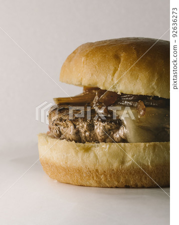 Close up view of Single cheese burger with caramalised onions Close up view of Single cheese burger with caramalised onions 92636273