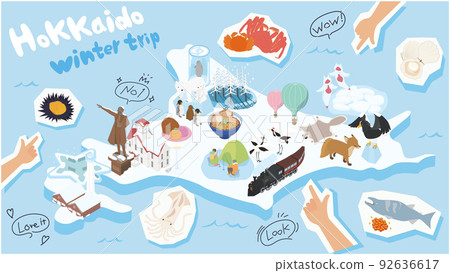Isometric illustration summarizing gourmet and sightseeing in Hokkaido in winter Isometric illustration summarizing gourmet and sightseeing in Hokkaido in winter 92636617