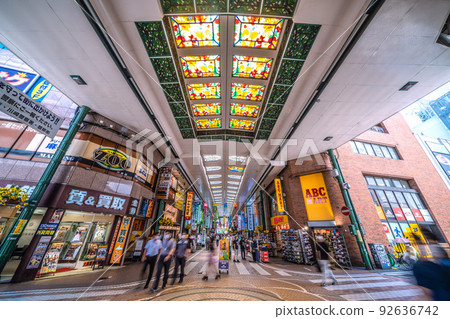 The cityscape of Tokyo, Japan, overlooking Kawasaki Ginryu-gai (Hokoten) in front of Kawasaki Station. Beautiful stained glass adds color 92636742