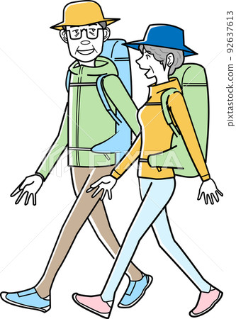 Conversation while walking elderly couple 92637613