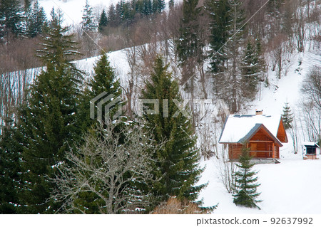 View from the top of mountain on forest in frost and low cloud. 92637992