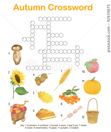 Fall seasonal crossword word search puzzle, autumn watercolor activities printable worksheet for kids, educational or leisure game, seasonal English vocabulary 92639875
