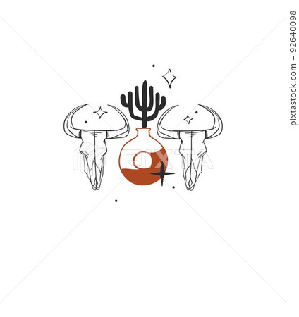 Hand drawn abstract vector graphic clipart illustration boho bull skull composition.Wild Western design concept.Bohemian wild west contemporary art.Cowboy modern line art drawing.American cowboy logo. Hand drawn abstract vector graphic clipart illustration boho bull skull composition.Wild Western design concept.Bohemian wild west contemporary art.Cowboy modern line art drawing.American cowboy logo. 92640098