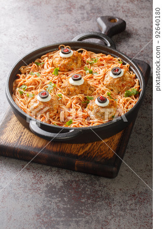 Spaghetti with tomato sauce and meatballs with funny eyes close-up. Funny decorations. Halloween Food. Vertical 92640180