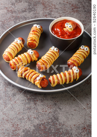 Scary mummy sausages in the dough with funny eyes on the table close-up. Halloween Food. Vertical 92640190