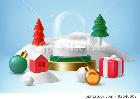 Merry christmas 3d background. Glass new year glass transparent dome, creative podium, winter decoration glossy elements, gift box, tree toys, home with snow. Web banner, vector isolated illustration 92640602