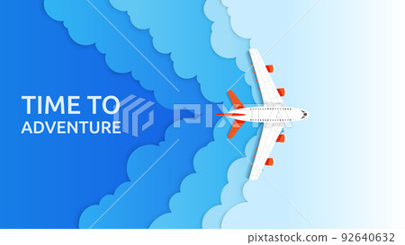 3d plane paper art. Travel flight in sky, business aviation in clouds, world vacation trip with air wings. Horizontal banner, aerial transport. Airplane trip. Summer vacations vector design concept 92640632