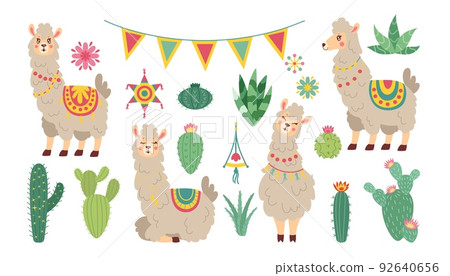 Cute cactus and llamas. Summer alpaca animal and baby succulent, peru or chile lama kid with patterned blankets and saddles. Childish nursery or textile decor vector decoration set on white background 92640656