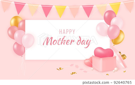 3D air balloons and gifts. Mother Day anniversary with present box and flags garland. Event cupcake for mom. Fun fashion banner. Holiday celebration. Greeting card. Vector pink background template 3D air balloons and gifts. Mother Day anniversary with present box and flags garland. Event cupcake for mom. Fun fashion banner. Holiday celebration. Greeting card. Vector pink background template 92640765
