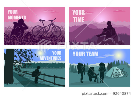Mountain adventure travel. Hike tourism with climb trekking. Hiker trail trip. Scenic nature landscape. Tourists rest outdoor. Camping tent and bike. Friends active vacation. Vector illustrations set 92640874