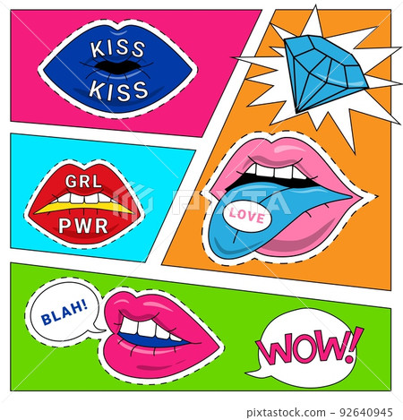 Pop art. Female lips abstract card. Woman mouth with bright lipstick with speech bubbles, trendy girl face part, sexy smile, comic retro poster or card, stickers collection. Vector comic background Pop art. Female lips abstract card. Woman mouth with bright lipstick with speech bubbles, trendy girl face part, sexy smile, comic retro poster or card, stickers collection. Vector comic background 92640945