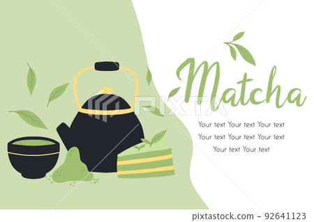 Flyer with matcha tea. Vector illustration with green tea. Mug with matcha latte. Poster with green matcha mug. Flyer with matcha tea. Vector illustration with green tea. Mug with matcha latte. Poster with green matcha mug. 92641123