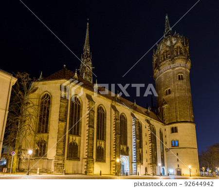 Night view of All Saints Church Schlosskirche in Wittenberg, Germany Night view of All Saints Church Schlosskirche in Wittenberg, Germany 92644942
