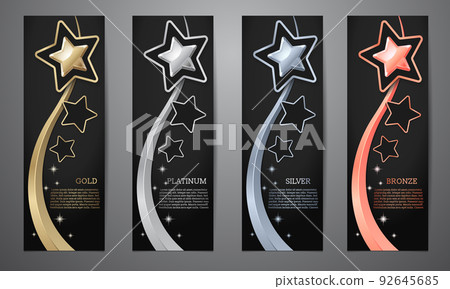 Metalic star and ribbon on black card, Gold, Platinum, Silver, Bronze, Vector illustration. Metalic star and ribbon on black card, Gold, Platinum, Silver, Bronze, Vector illustration. 92645685