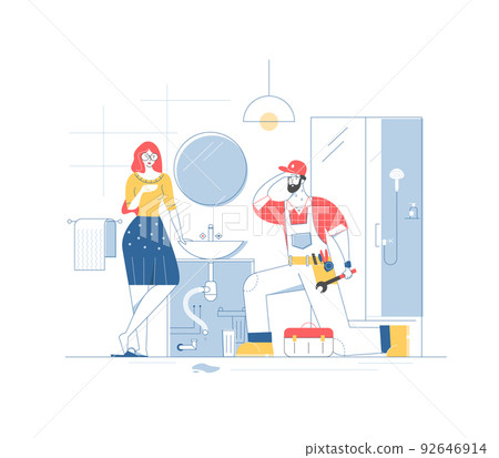 A plumber is installing or repairing a sink or pipe leak in a bathroom. Woman is watching the repairman working. Trendy plumbing services flat vector illustration. A plumber is installing or repairing a sink or pipe leak in a bathroom. Woman is watching the repairman working. Trendy plumbing services flat vector illustration. 92646914