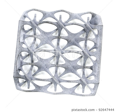 Model printed on 3D printer isolated on white background. Object details printed on 3D printer from plastic close-up. Prototype of shape made by 3d printer. Concept new modern printing technology 92647444