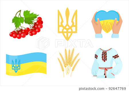 Set Ukrainian symbols. Tryzub, vyshyvanka, viburnum, arms with heart, national flag of Ukraine, ears of wheat. Vector. Set Ukrainian symbols. Tryzub, vyshyvanka, viburnum, arms with heart, national flag of Ukraine, ears of wheat. Vector. 92647769