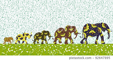 Ethnic elephants, African or Thai Print fabric batik background, handmade ornament for your design, colorful Afro flowers tribal motifs. Vector animal texture, Africa or Indian Fashion textile  92647895