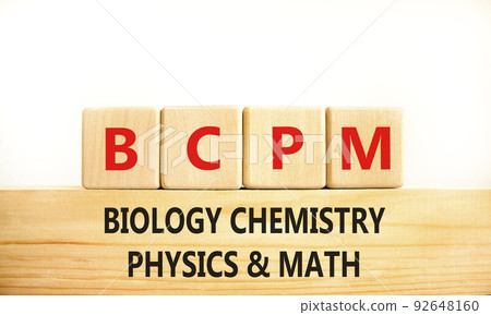 BCPM biology chemistry physics math symbol. Concept words BCPM biology chemistry physics math on wooden blocks on beautiful white background. Business BCPM biology chemistry physics math concept. 92648160