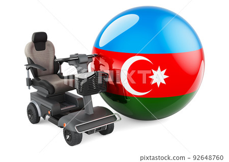 Azerbaijani flag with indoor powerchair or electric wheelchair, 3D rendering Azerbaijani flag with indoor powerchair or electric wheelchair, 3D rendering 92648760
