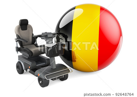 Belgian flag with indoor powerchair or electric wheelchair, 3D rendering Belgian flag with indoor powerchair or electric wheelchair, 3D rendering 92648764
