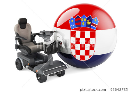 Croatian flag with indoor powerchair or electric wheelchair, 3D rendering Croatian flag with indoor powerchair or electric wheelchair, 3D rendering 92648785