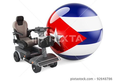 Cuban flag with indoor powerchair or electric wheelchair, 3D rendering Cuban flag with indoor powerchair or electric wheelchair, 3D rendering 92648786