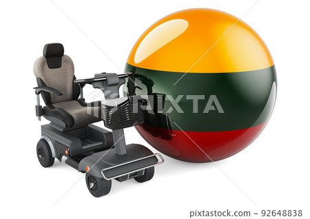 Lithuanian flag with indoor powerchair or electric wheelchair, 3D rendering Lithuanian flag with indoor powerchair or electric wheelchair, 3D rendering 92648838